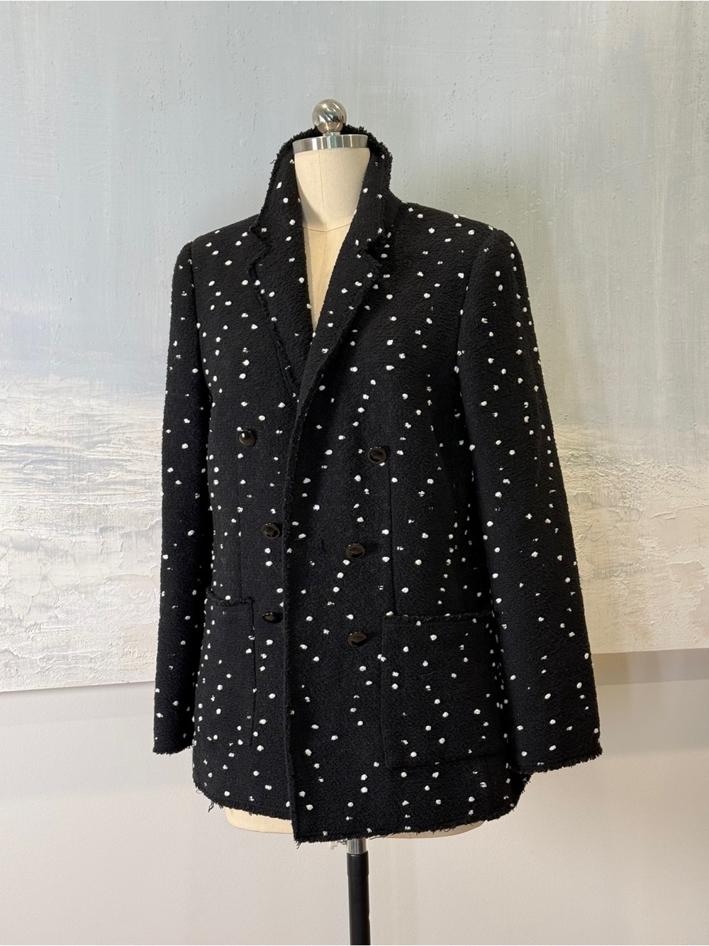 Rebecca Taylor Black Polka Dot Double-Breasted Bouclé Jacket